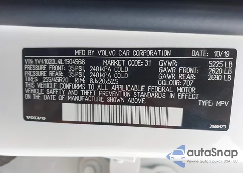 2020 Volvo Xc60 T5 Inscription z USA, uszkodzony, nr VIN YV4102DL4L1504566